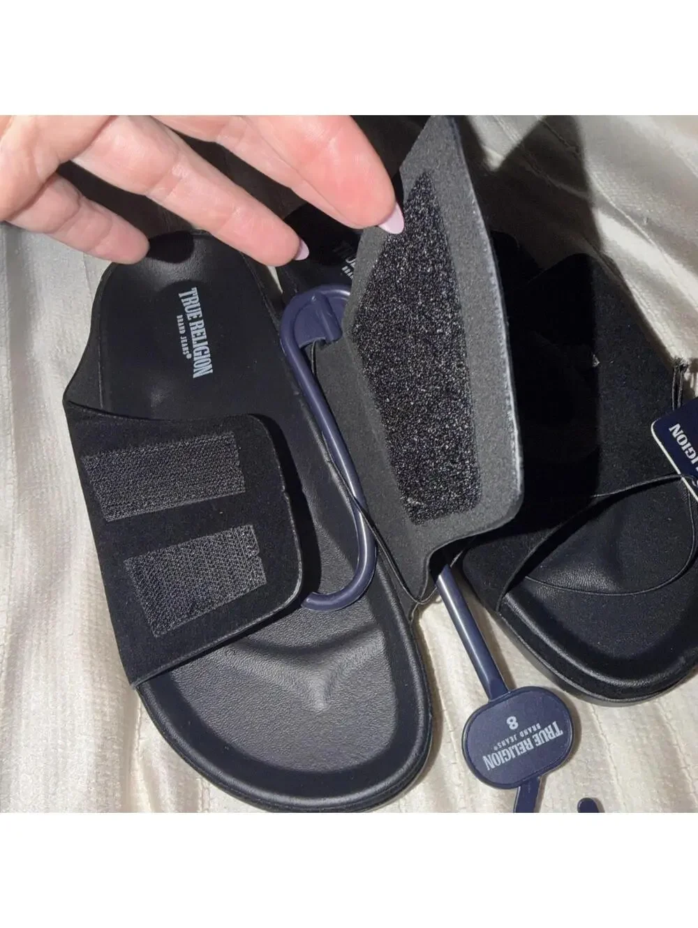 True Religion Men's TR-Biggy-PBS Black Logo Sandals adjustable top strap Size 8